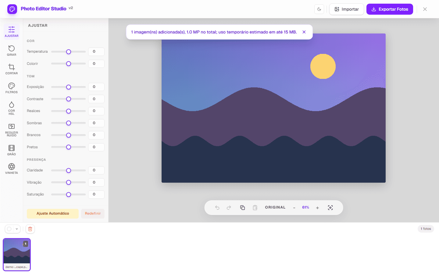 PhotoEditor.Studio Adjust panel with exposure, contrast, highlights, and shadows controls